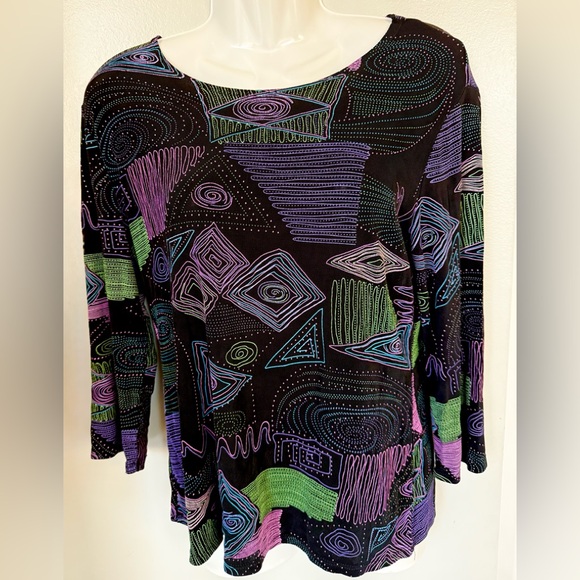 Elementz Sweaters - Vintage 80’s Slinky Top Elementz Black stretch Travel Women’s S 4 6 Geometric